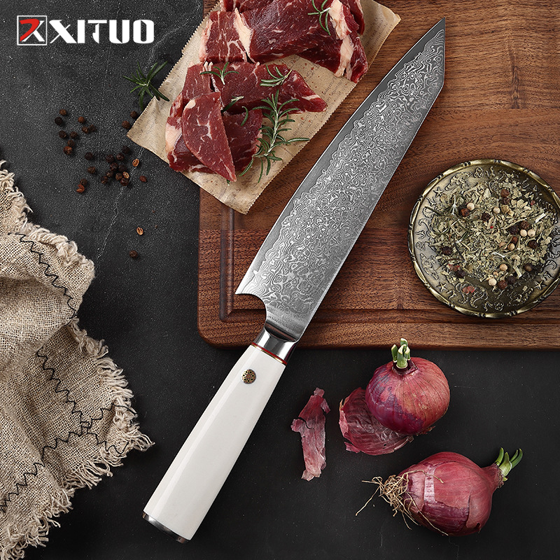 

XITUO Damascus Steel Japanese Kiritsuke Knife Sharp Cutting Meat Vegetables Fish And Fruit Chef Special Knife ABS White Handle