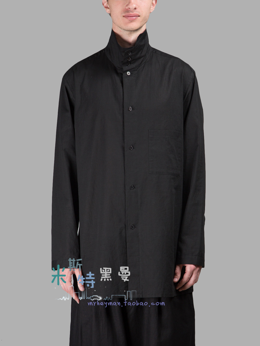 

2021 New -6xl!! Home-style Dark Show of Men High-neck Neck Front Slit Shirt Short Back Loose Shirt. Y3IO, Black.