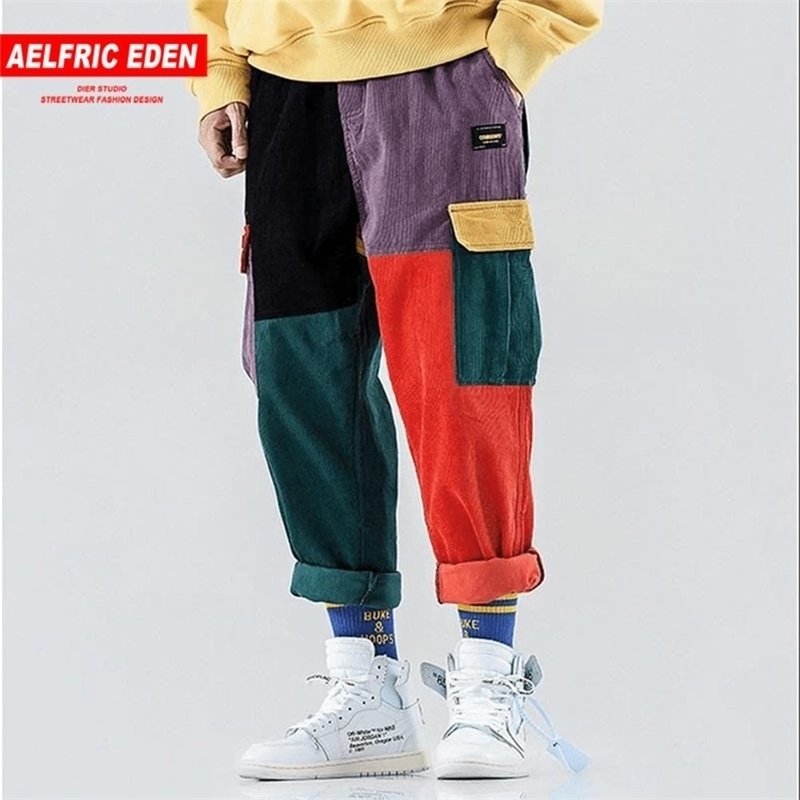 

Aelfric Eden Corduroy Sweatpants Cargo Pants Men Harem Jogger Vintage Color Block Patchwork Corduroy Hip Hop Harajuku Trousers 201114, Multi