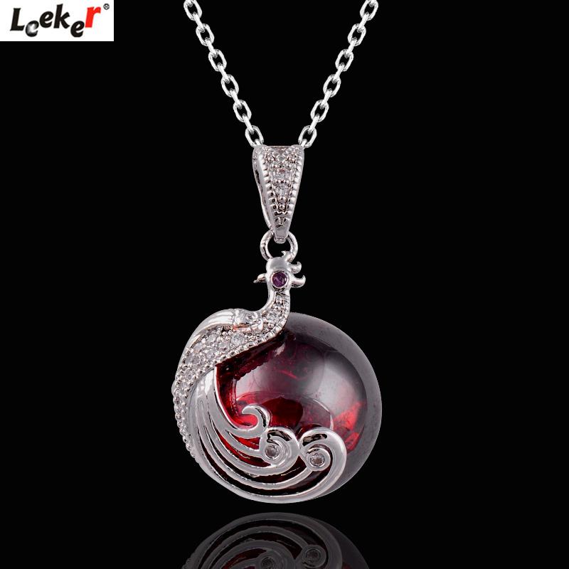

LEEKER Red Corundum Round Pendant Necklace Rose Gold Silver Color Chain Peacock Necklace Accessories Jewelry 253 LK6