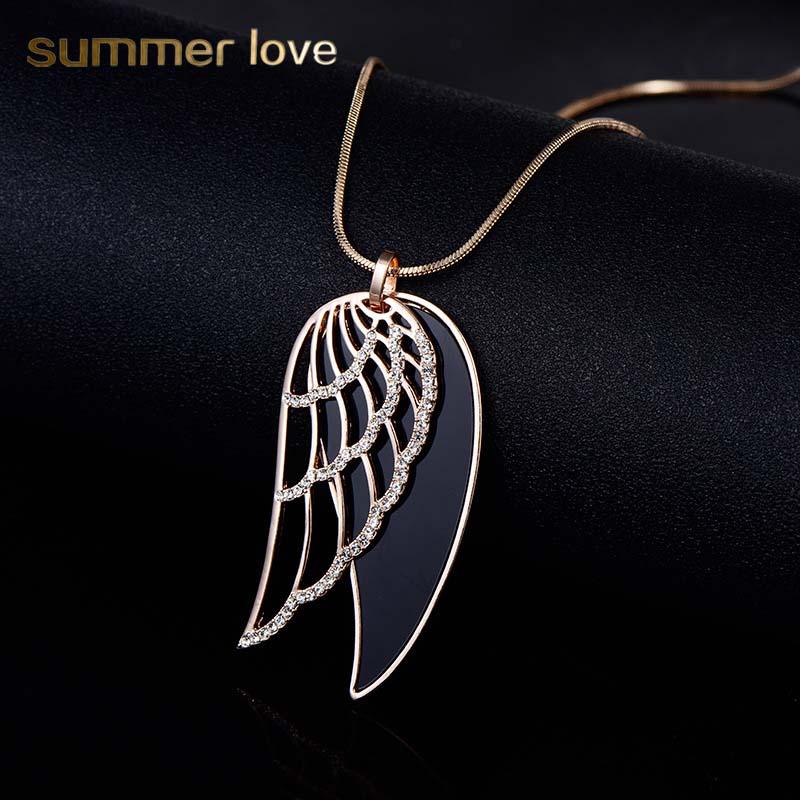 

Pendant Necklaces Gold Color Crystal Feather Angel Wing Necklace Double Layer Long Chain Statement Jewelry Gift For Women Collares Mujer