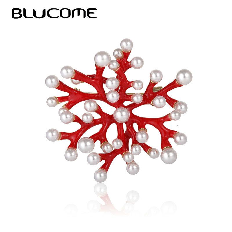 

Pins, Brooches Blucome Vintage Enamel Red Coral Pearl For Women Girl Imitation Brooch Scarf Buckle Backpack Party Banquet Pins