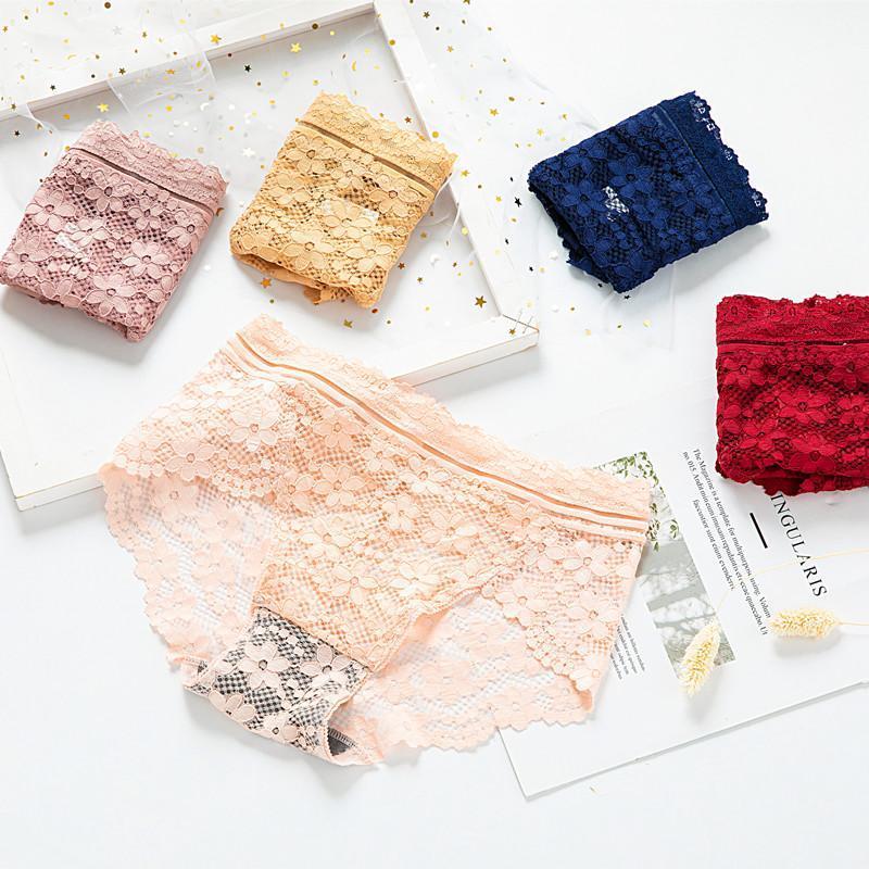 

3pcs/Fashion Lace Flower Women Panties Sexy Lingerie Mid-Rise Panty Girl Intimate Underwear Cotton Crotch Female Briefs1, Brown