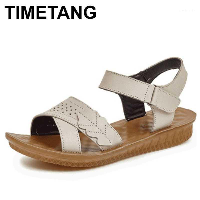 

TIMETANGPromotion 2020 new genuine leather sandals open shoes summer mom sandals flat bottom soft comfortable shoes woman sandal1, Beige