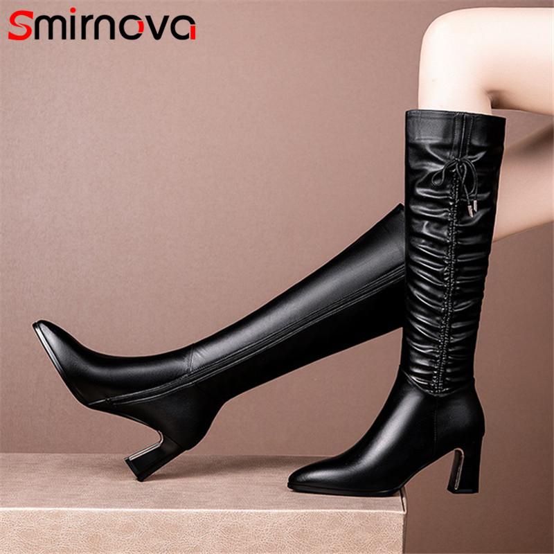

Smirnova 2021 Hot Sale Genuine Leather +Pu Knee High Boots Women Pleated Bowknot Autumn Winter High Heel Boots Women Shoes, Black