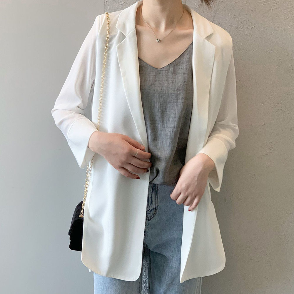

2021 New Notched Collar Ladies Blazer Jackets Korean Fashion Trend Loose Womens White Black Thin Summer Outwear Coats KH5X