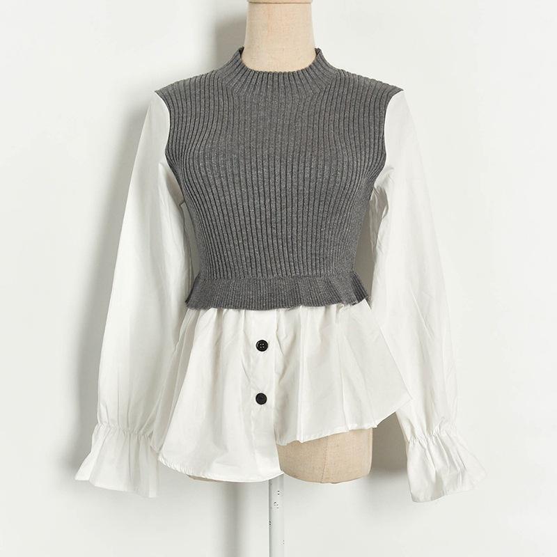 

Fake 2 Piece Pullover 2020 Spring Knit Patchwork Blouse Women Sweater Shirts Crew Neck Long Sleeve Pullovers Slim Sweater Tops1, Black