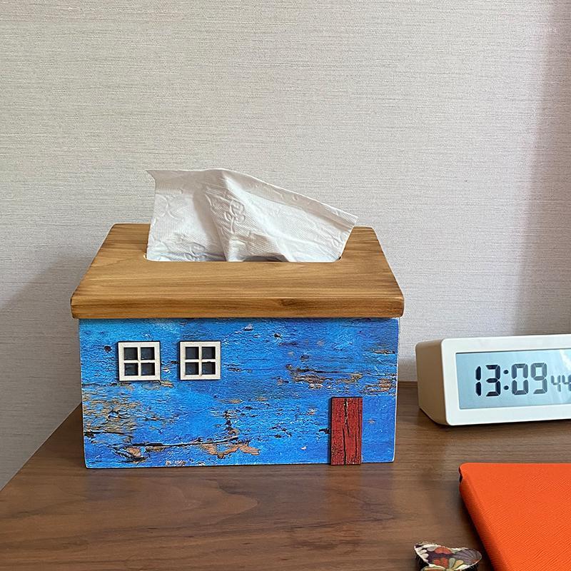 

Creative Wooden Old House Shape Office Living Room Decoration Removable Tissue Box1