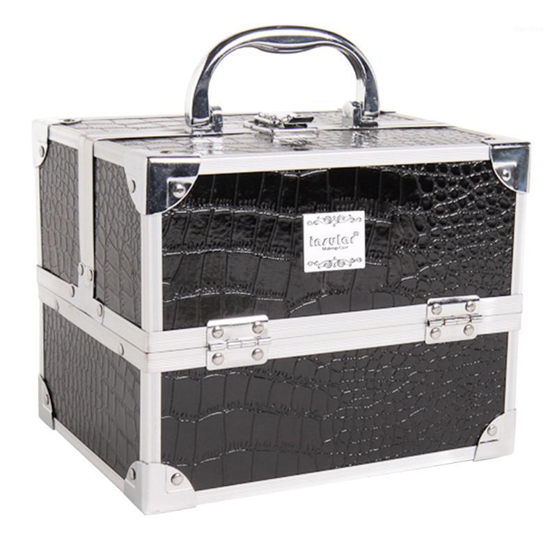 

PU Jewelry Waterproof Travel Makeup With Handle Box Buckle Brushes Salon Large Space Lipsticks Storage Cosmetic Case Organizer1, Black