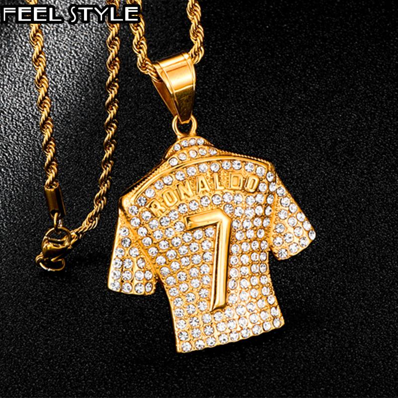 

HIP Hop 316L Stainless Steel Iced Out Bling Rhinestone Gold Jersey Necklace Necklaces & Pendants For Men jewelry Dropshipping