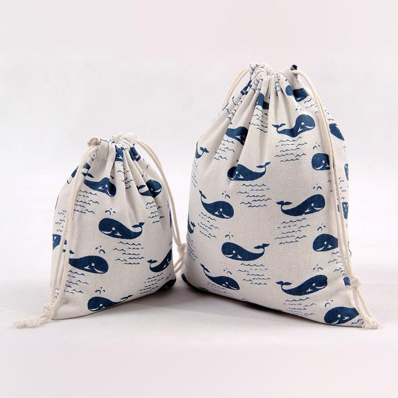 

N244 Handmade Cotton Linen Draw String Storage Bag Candy Gift Sorted Bag Printed Whale in the sea