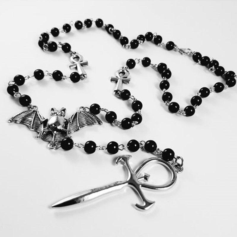 

Pendant Necklaces Gothic Vampire Ankh Rosary Occult Vamp Beads Bat Necklace Gift For Women Friends Handmade Jewelry Wholesale, Silver