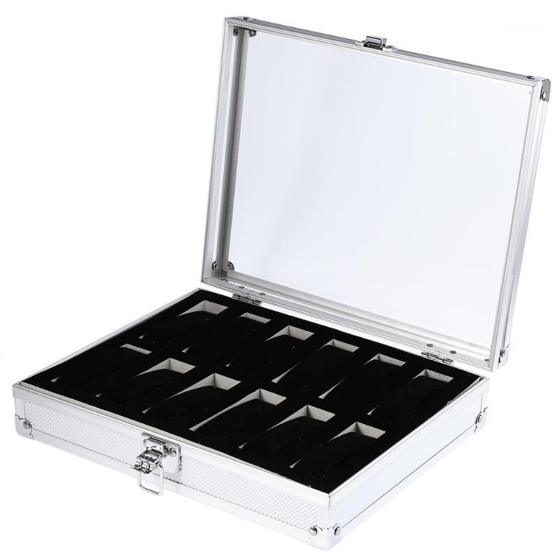 Montres Boîtes Cas Professionnel 12 Grille Fentes Bijoux Montres Affichage De Stockage Boîte Carrée Cas En Aluminium En Daim À L'intérieur Du Con