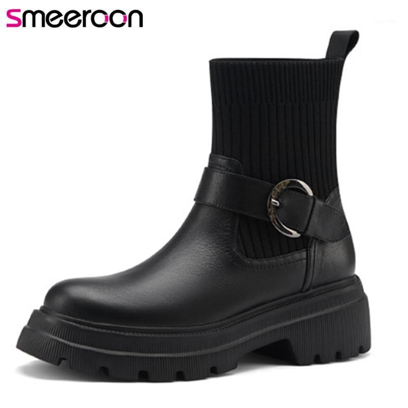 

Smeeroon 2021 Hot Sale Autumn Winter Ankle Boots For Women Genuine Leather +Knitting Stretch Boots Fashion Casual Shoes Woman1, Black with fur