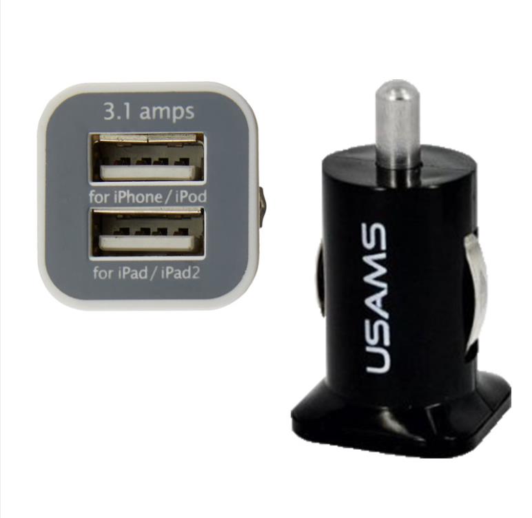 

100pcs USAMS 3.1A Dual USB Car 2 Port Charger 5V 3100mah double plug car Chargers Adapter for Smart Mobile Phones