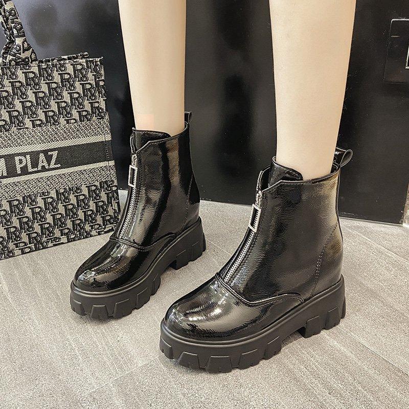 

Boots Short Front Zipper Plus Velvet High Heel Thick-soled Women's, Black