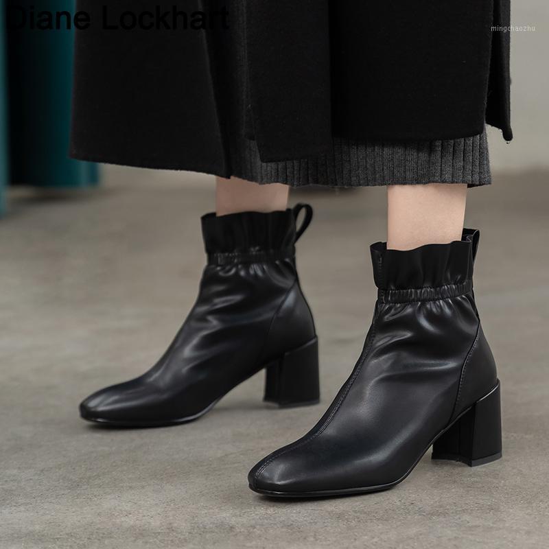 

Spring Autumn 2020 Boots Women Ankle Boots High Quality Pointed toe Square heel Ladies Pleated Beige Size 31 32 41 421, Black