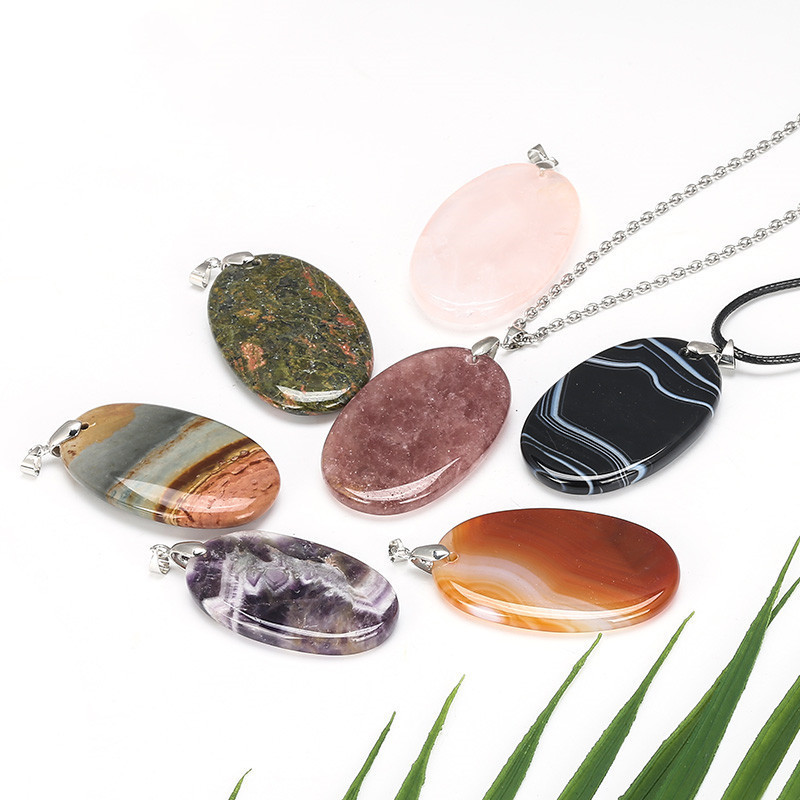 

Women Natural Stone Big Pendant Necklace Purple Crystal Rose Quartz Glaucophane Flat Beads Healing Jewelry