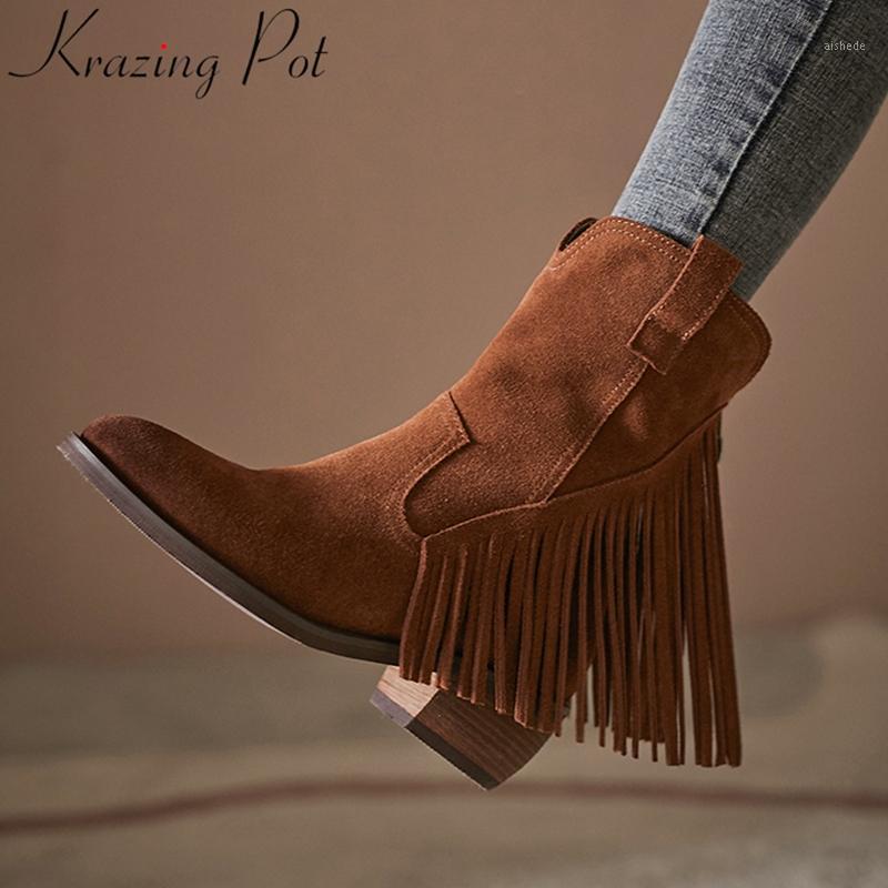 

Krazing pot 2020 plus size gladiator cow suede fringe zip round toe high heels winter shoes party runway luxury ankle boots L6f21, Brown