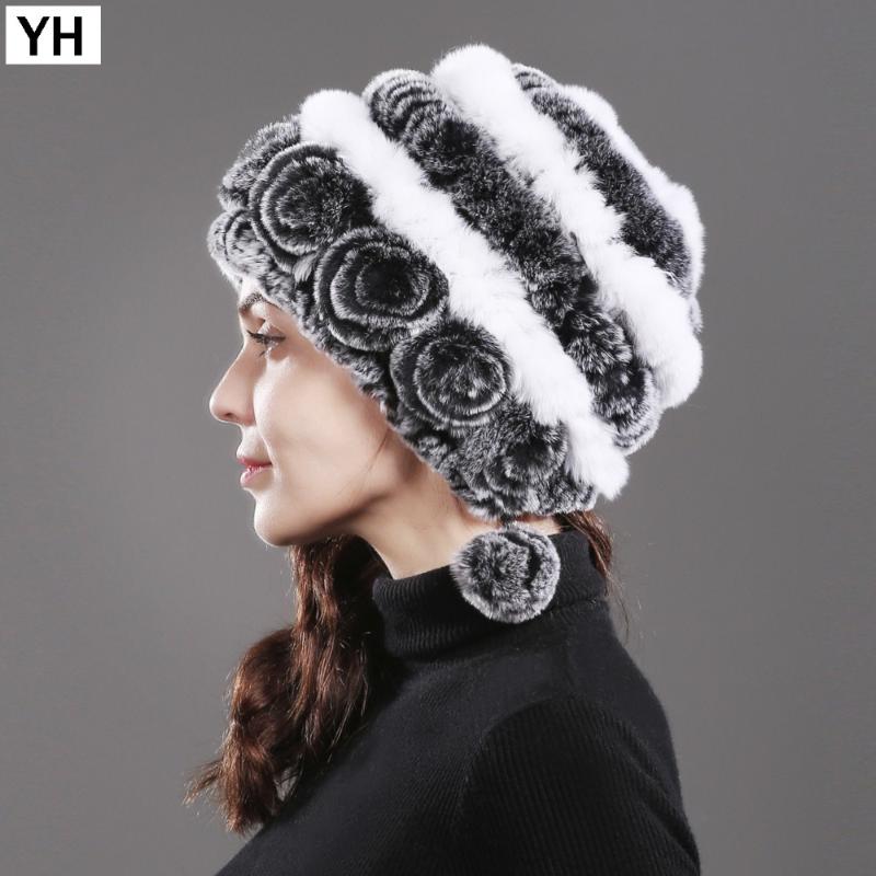 

2020 New Style Women Warm Natural Rex Fur Hat Winter Rex Fur Beanies Caps Casual Knitted Real Cap, Coffee white