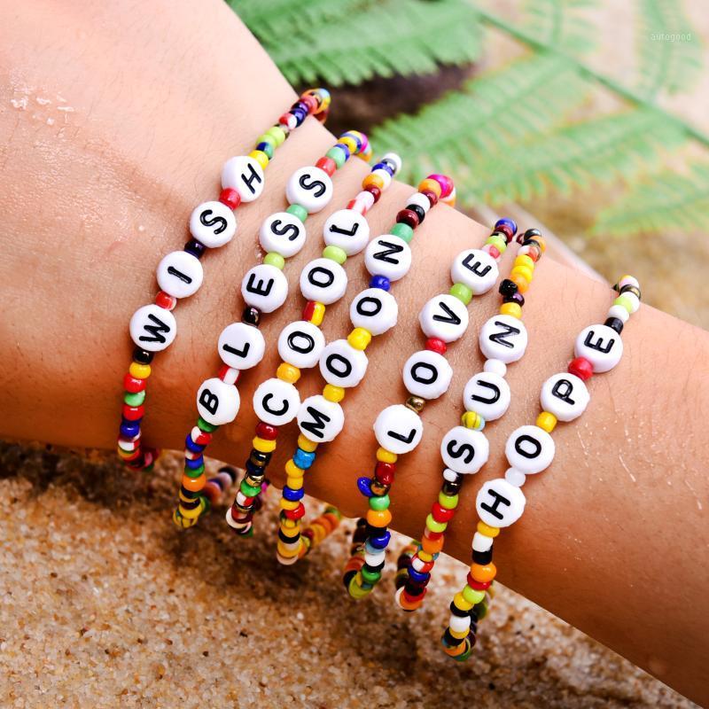 

Charm Bracelets MOON GIRL Colorful Seed Beads Letter Bracelet Stretchy Hope Bless Boho Chic Friendship Pulseras Femme Jewelry1
