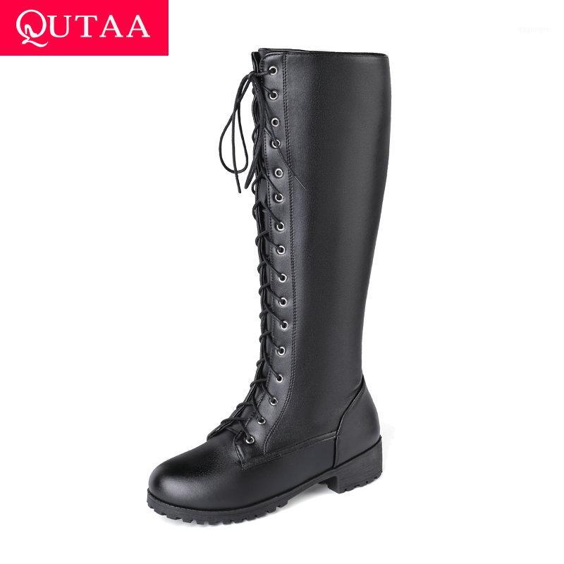 

QUTAA Western Style Knee High Boots New Autumn Winter Round Toe Zipper PU Leather Fashion Square Low Heel Women Shoes Size 34-431, Beige