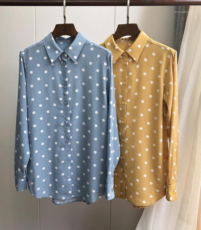 

100% Silk Women Polka Dot Print Shirt Long Sleeve Turn Down Collar Soft Sweet Blouse Top1, Blue