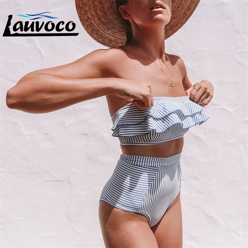 

Blue Striped Bikini Set Ruffle High Waist Swimwear Women Sexy Bikini Strapless Swimsuit Female Biquini Two Piece Bathing Suit Y200319, Red