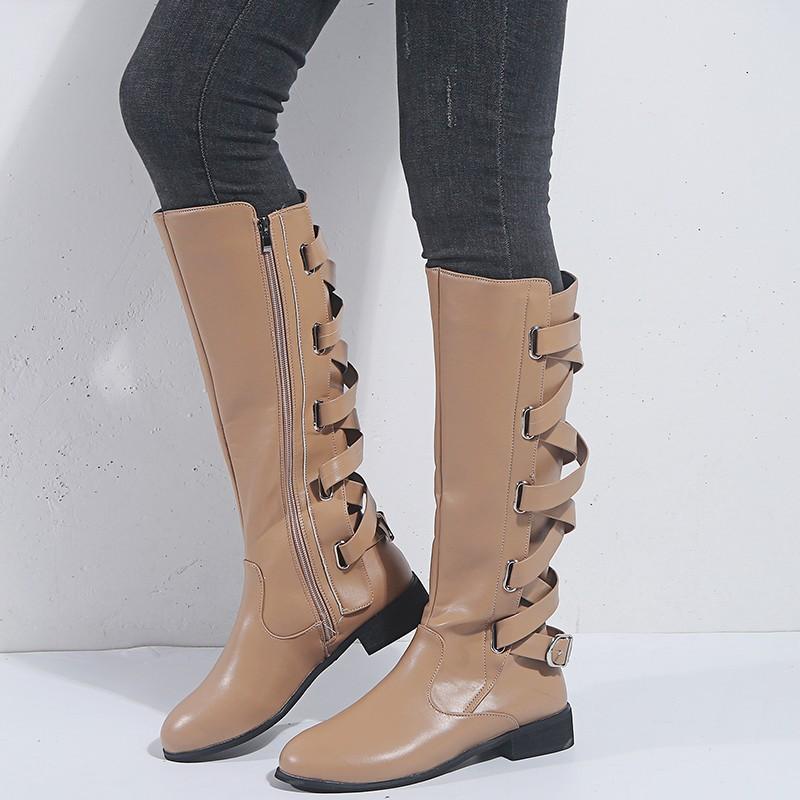 

Fashion Novelty Mid Calf Boots for Women Low Round Toe Autumn Boots Solid Riband Winter Ladies Shoes, Beige