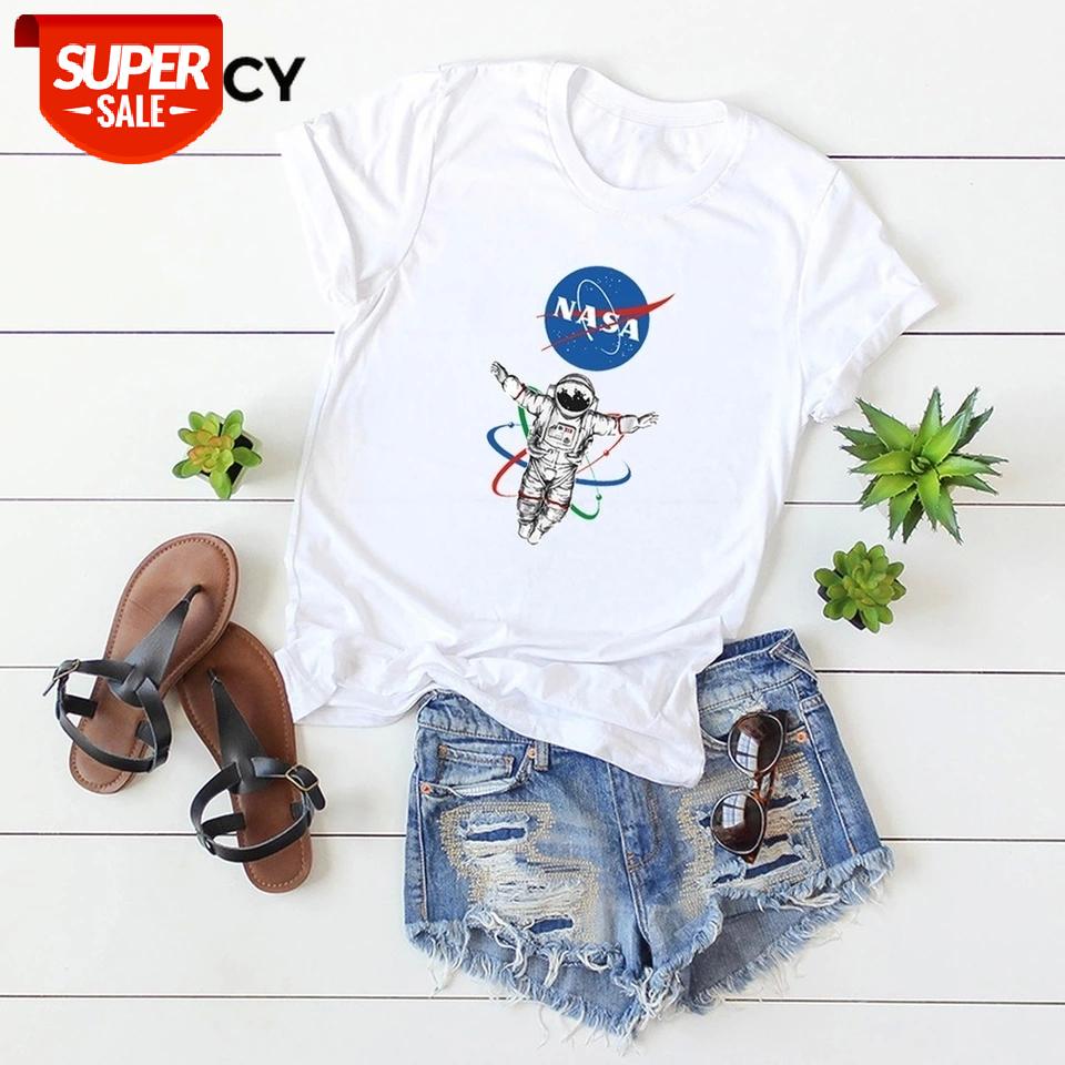 

JFUNCY Women Summer T Shirt Oversize Female T-shirts Short Sleeve Cotton Woman Tshirt Fashion Astronaut Print Lady Tees Tops #qv9L, White