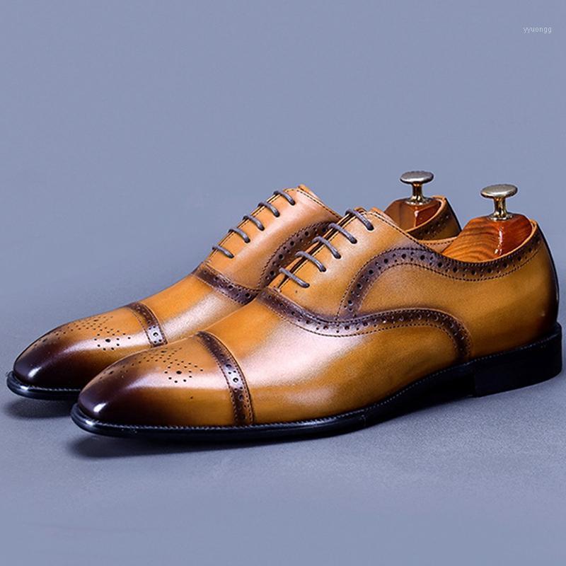 

High Quality Square Toe Man Semi Brogue Shoes Genuine Leather Formal Dress Oxfords Medallion Men's Wedding Party Flats SS7091, Brown shoes