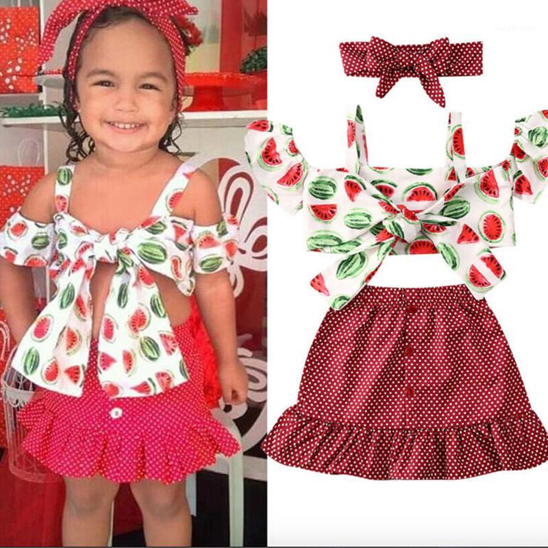 

1-6Y Summer Girls Clothing Sets Baby Kids Clothes Suit Children watermelon suspender top+polka dot skirt suit 3Pcs girl clothing1, Red