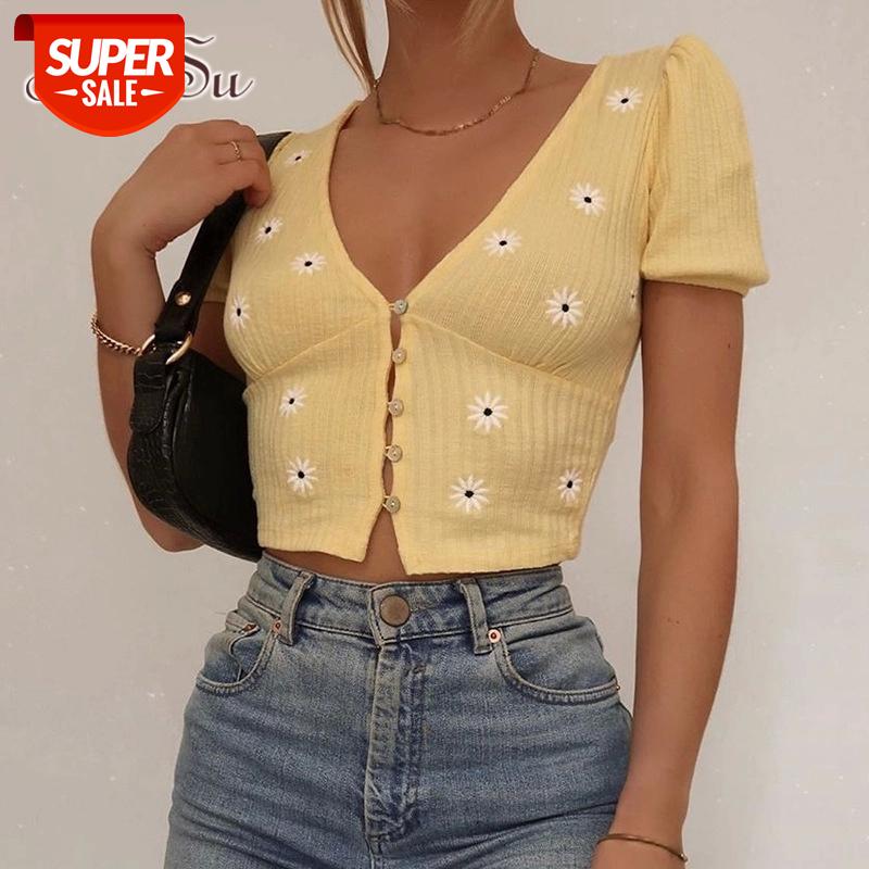 

ArtSu Yellow V Neck Short Sleeve Crop Top T Shirt Ladies Embroidery Floral Elegant T-shirt Women Summer Casual Buttons ASTS52144 #pq14, White
