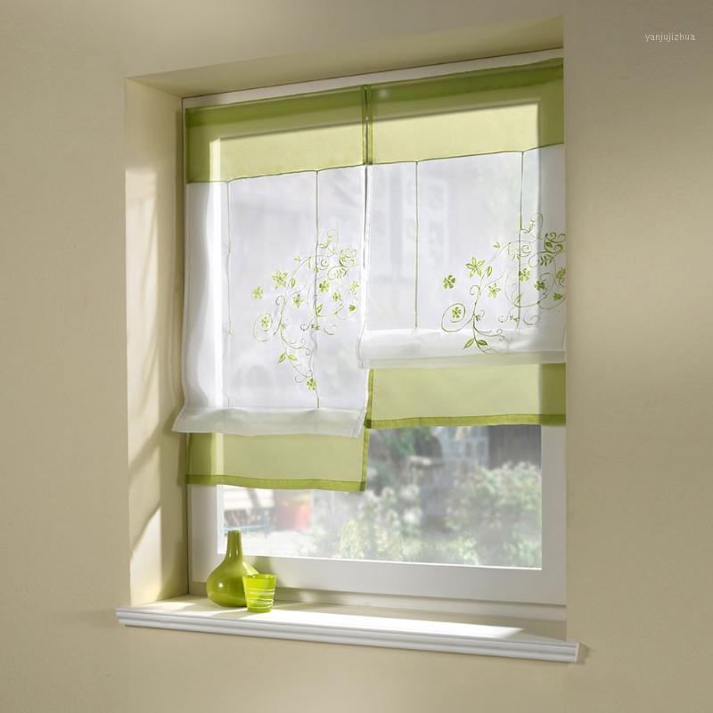 

Living Room Rod Pocket Blinds Kitchen Window Shade Roman Curtain Office Semi Transparent Short Floral Embroidery Bedroom Panel1, Green
