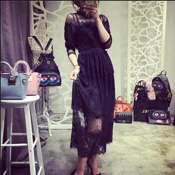 

2020 Embroidered Long White Holidays Beach Dress Women Summer White Lace Dress Chiffon Three Quarter Sleeve Lace WW162, Black