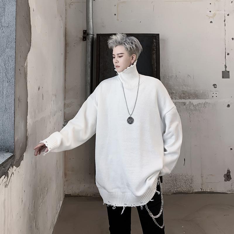 

Men Turtleneck Hole Loose Solid Knitted Pullover Sweater Autumn Winter Male Women Street Hip Hop Punk Gothic Sweater1, Black