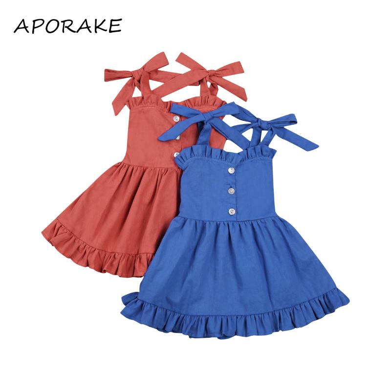 

2021 3-24M Kids Suspender Dress Girls Solid Color Bow Slip Pleated Dress Sleeveless Sundress for Summer Spring Orange/Blue