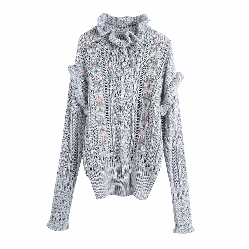 

2021 New Elegante Bordado Camisola Moda Senhoras Oco Para Fora Solto Malha Topos Streetwear Feminino Causal Babados Suteres Yfud, Gray