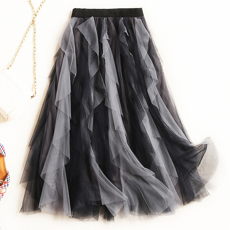

High End Female Mid-knit Long Skirt 2021 New Frilly Stylish Lady Skirts Fashion 50 s Aline Tutu Elastic Waist Seeu, Black