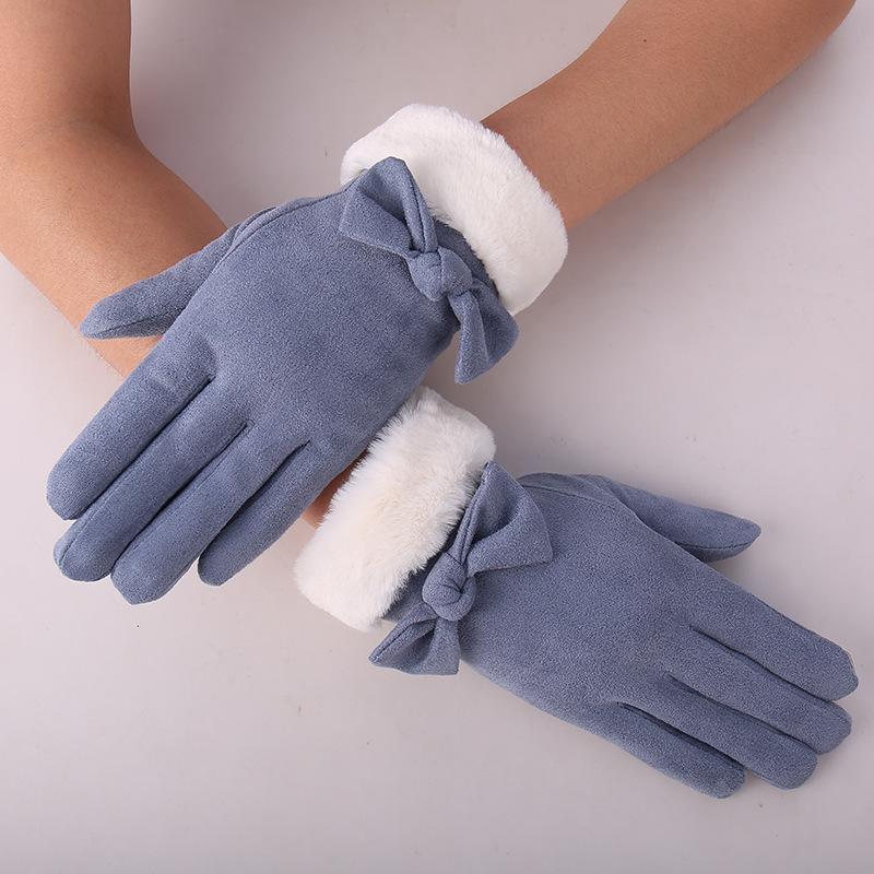 

Five Fingers Gloves Suede Women's Autumn And Winter Cycling Arctic Velvet Touch Screen Bow Fur Mouth Warm
