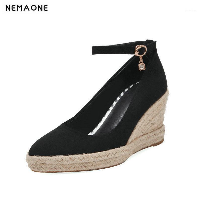 

2021 Women Shoes Wedges Heel Platform Pointed Toe All Match Platform Flock Buckle Spring/autumn Ladies Pumps Size 34-431, Beige