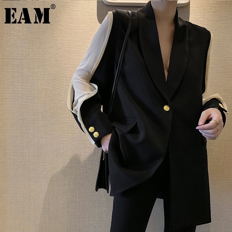 

[EAM] New Spring Autumn Lapel Long Sleeve Hit Color Split Joint Loose Temperament Jacket Women Coat Fashion Tide JU298 201017, Black