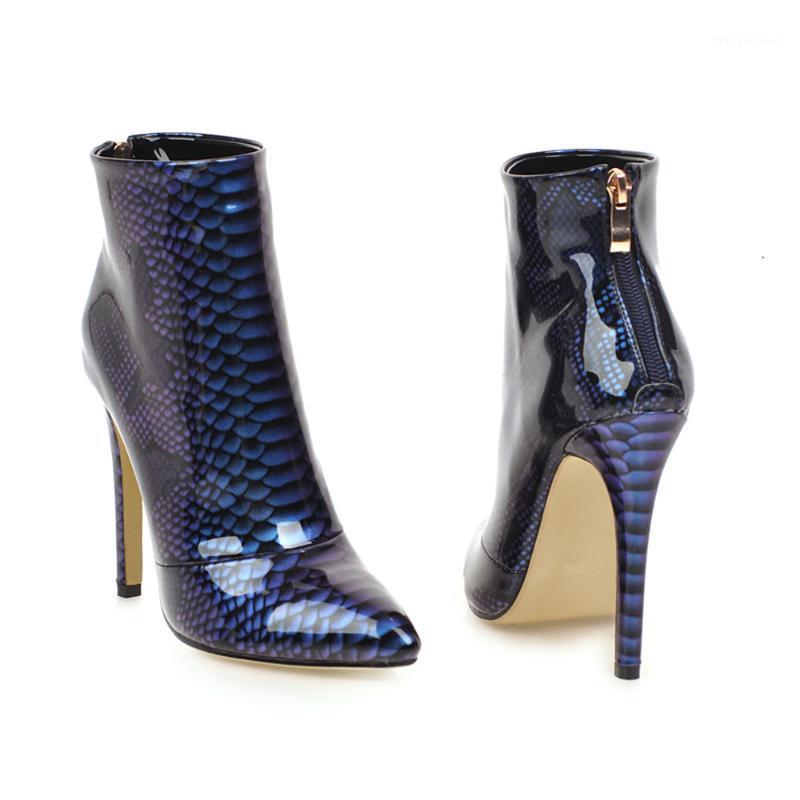 

Women's fashion pointed high heels winter ankle boots ladies shoes patent leather snake print women boots winter women1, Blue