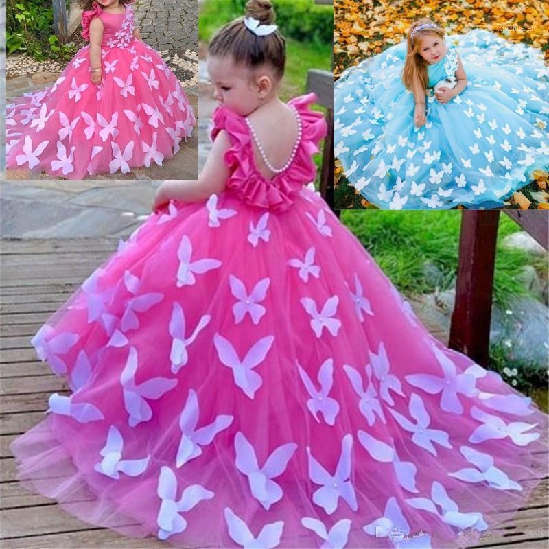 

Girl's Dresses Butterfly PearlsFlower Girl For Wedding Elegant Birthday Dress Short Sleeve Ball Gown TUTU Cute Princess Kids Gown1, Blue as image