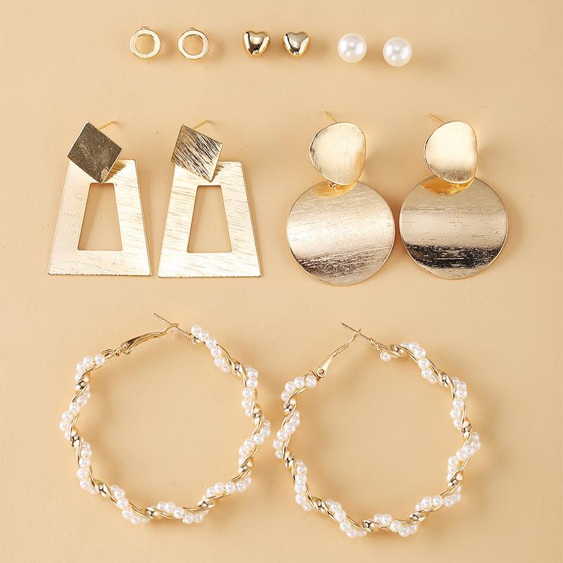 

6 Pairs/Set Simulated Pearl Large Hoop Earrings for Women Female Geometric Gold Drop Dangle Earings Trendy Party Jewelry