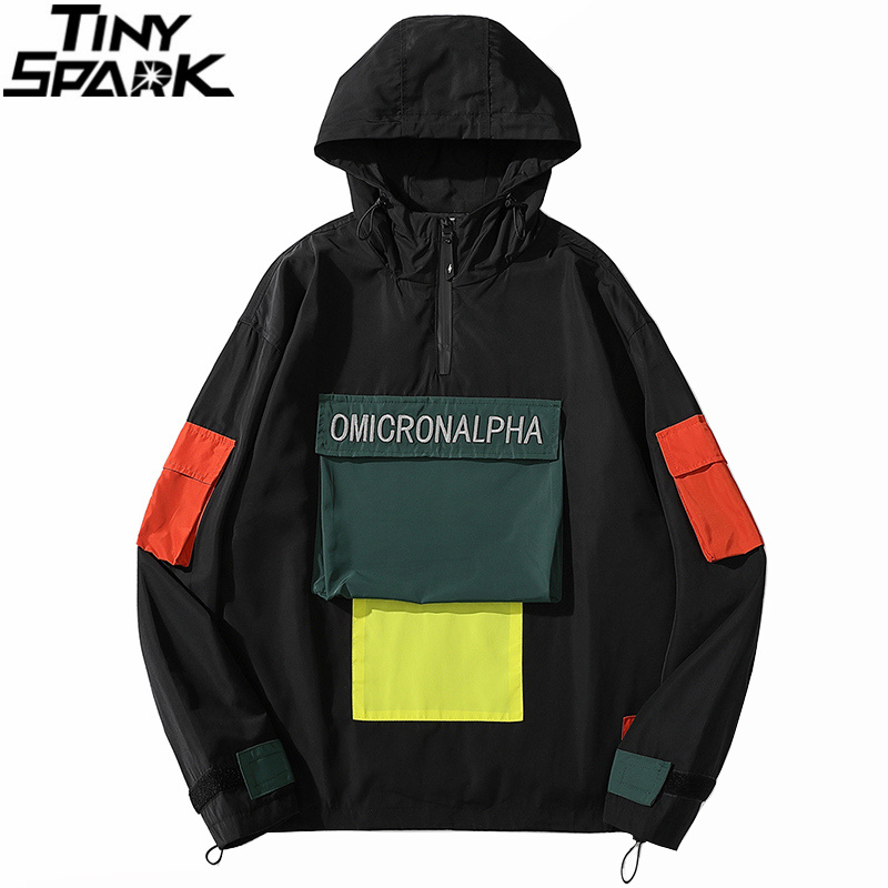 

Men Hip Hop Streetwear Jacket Coat Color Block Retro Windbreaker Jacket Harajuku 2020 Hooded Track Jacket Zipper Outwear Pocket, A27a217 black