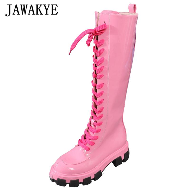 

New Pink Boots for Women Round Toe Thick Bottom Knight Boots Bright Cross Tied Mid Calf Rome Platform Botas Mujer, Red