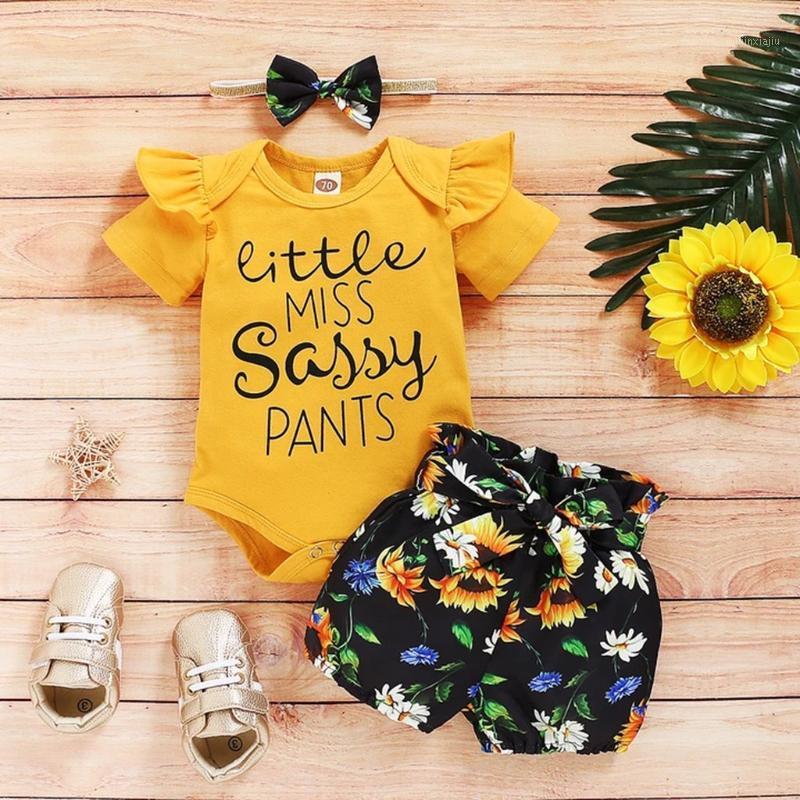 

Toddler Baby Girl Jumpsuit clothing set Short Sleeve Letter Print Romper+Floral Shorts+Headband Ruffles Lovely Floral Outfits1, Pink