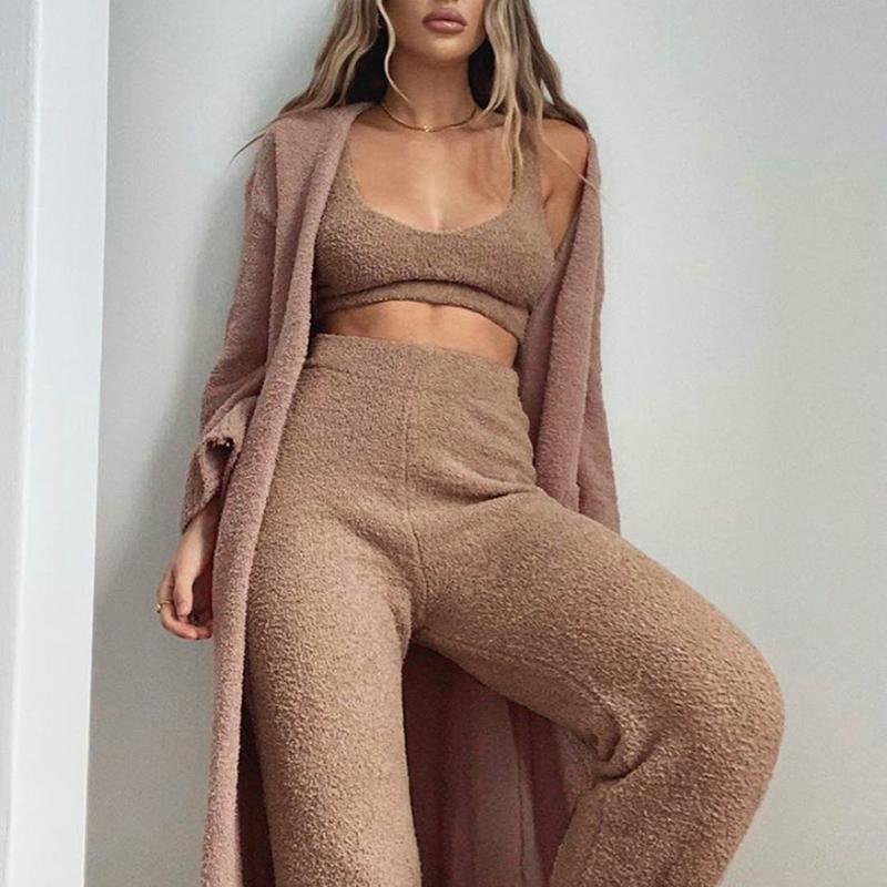 

Women' Tracksuits Women Plush Clothes Set 2pcs Tanks Crop Top Long Trousers Sexy Simple Solid Color Home Clothing Homewear Casual Tracksuit, Brown