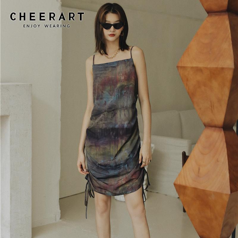 

CHEERART Tie Dye Vintage Drawstring Dress Women Backless Spaghetti Strap Slip Dress 2020 Summer Fashion Designer, As pic